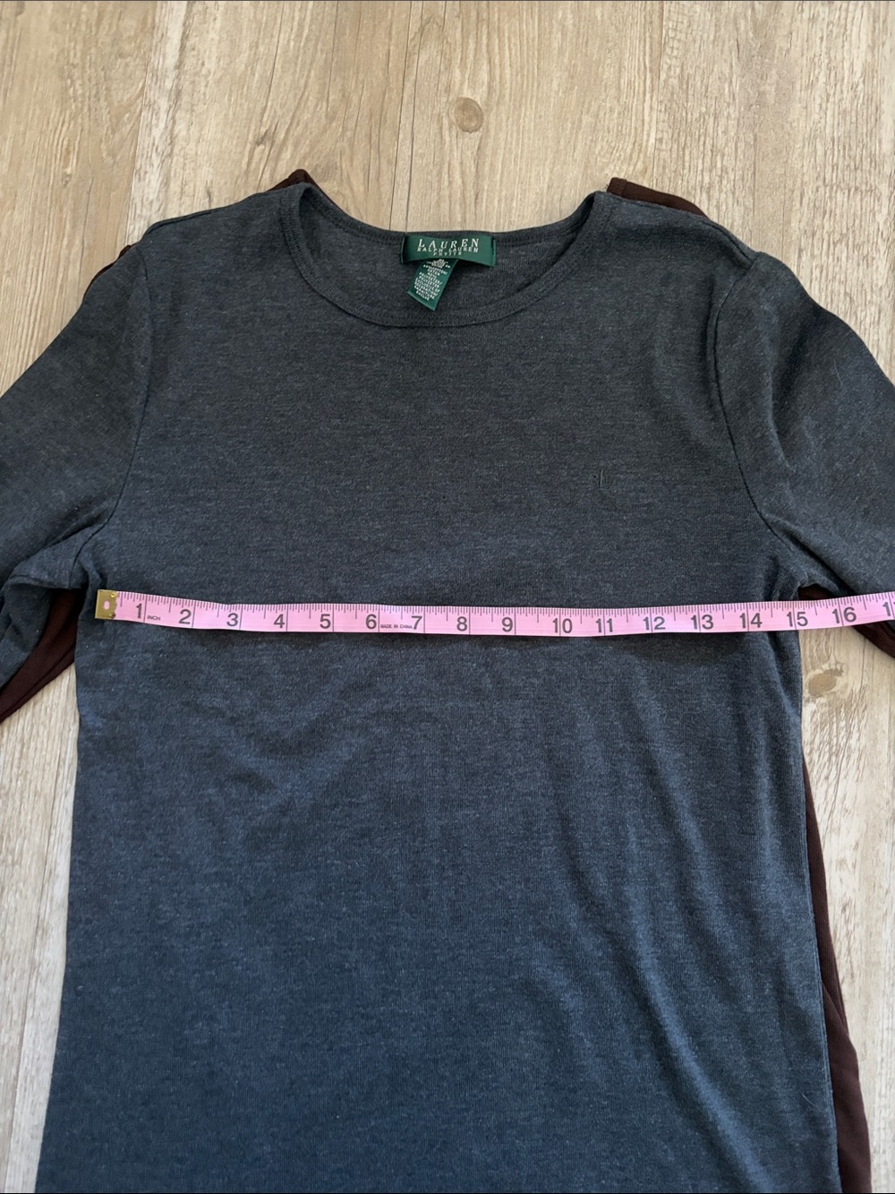Lauren Ralph Lauren Long Sleeve Ribbed Cotton Tee Charcoal Gray & Deep Brown - Picture 10 of 12